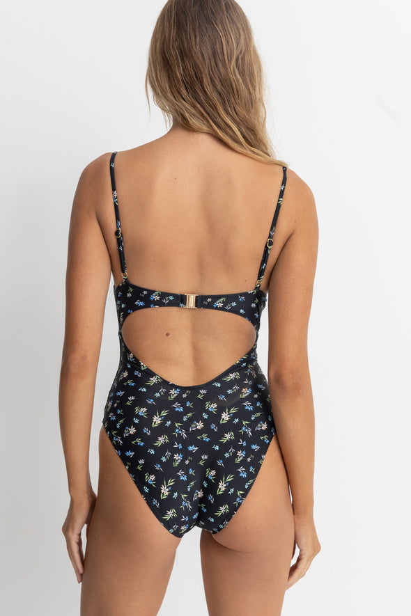 RHYTHM FLEUR FLORAL TIE FRONT ONE PIECE - BLACK