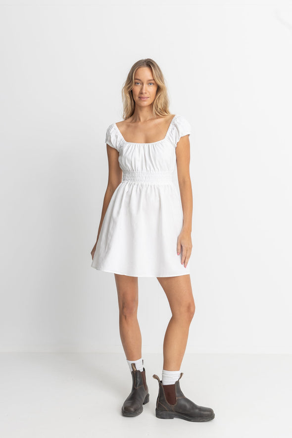 RHYTHM WASHED OUT CAP SLEEVE MINI DRESS - WHITE