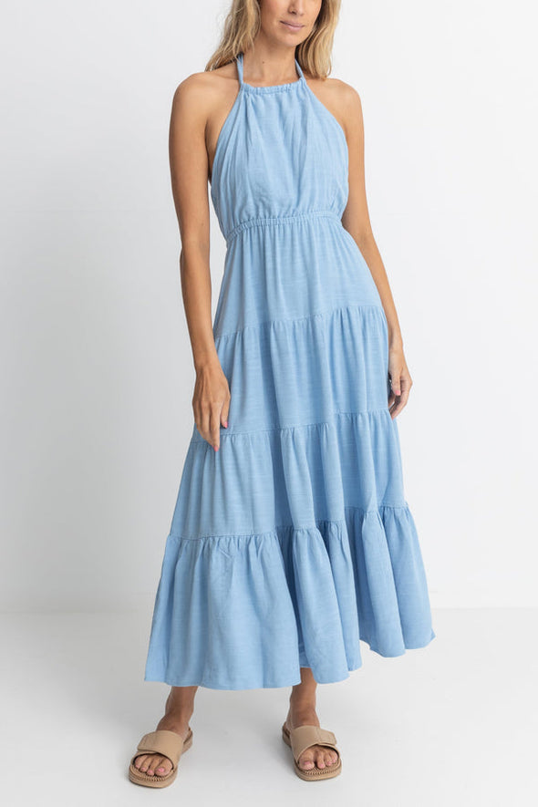 RHYTHM SEACOAST HALTER TIERED MAXI DRESS - SKY