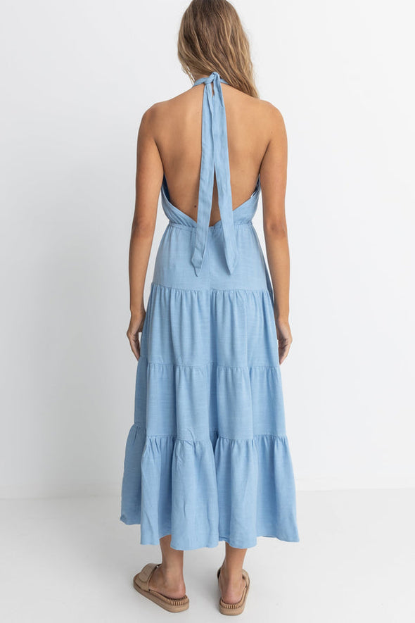 RHYTHM SEACOAST HALTER TIERED MAXI DRESS - SKY