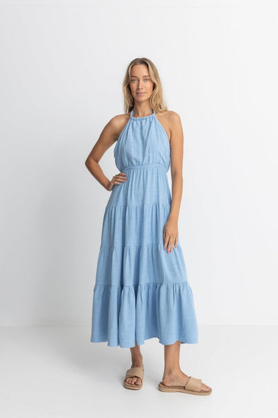 RHYTHM SEACOAST HALTER TIERED MAXI DRESS - SKY