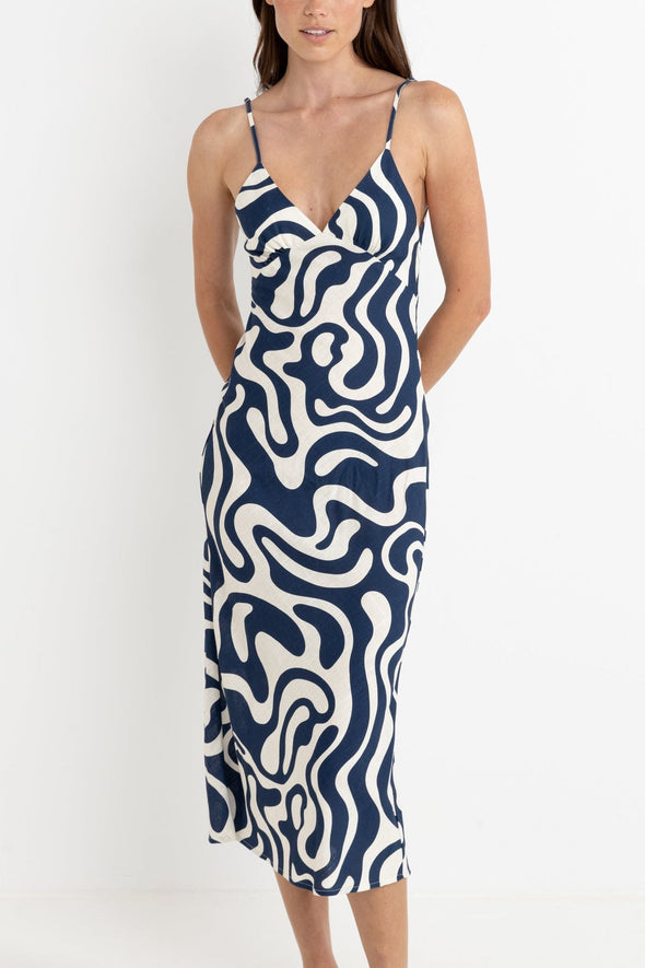 RHYTHM WAVERLY BIAS CUT MIDI DRESS - INK