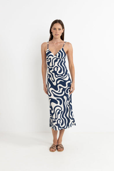RHYTHM WAVERLY BIAS CUT MIDI DRESS - INK