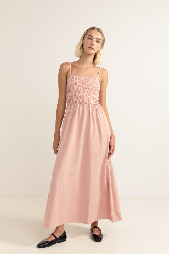 RHYTHM CLASSIC SHIRRED MIDI DRESS - ROSE