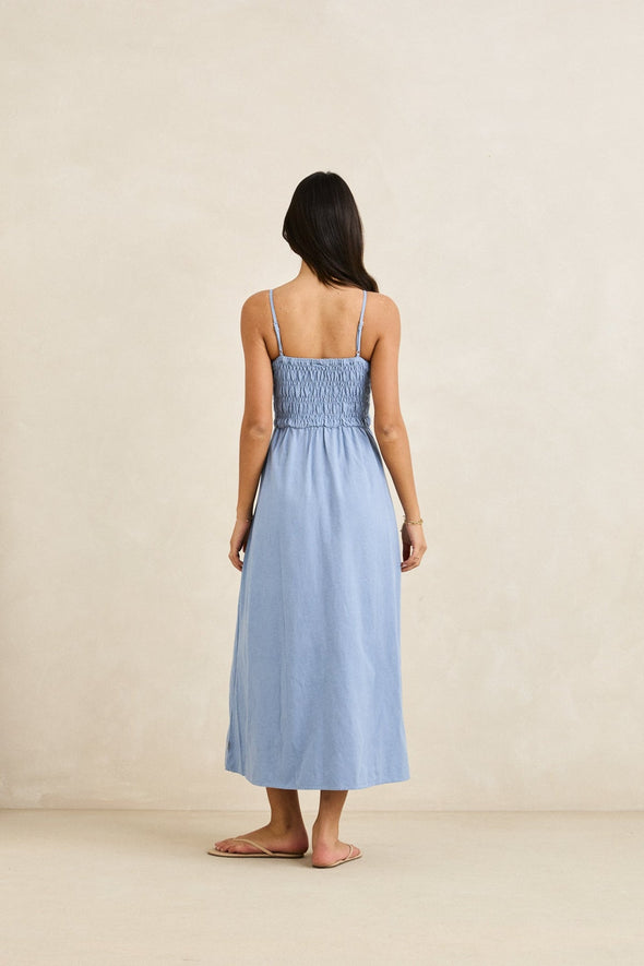 RHYTHM CLASSIC SHIRRED MIDI DRESS - STEEL BLUE
