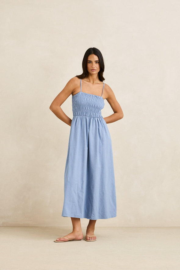 RHYTHM CLASSIC SHIRRED MIDI DRESS - STEEL BLUE