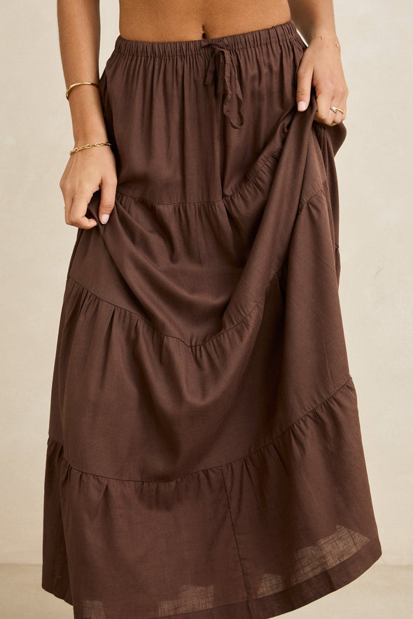 RHYTHM WOMENS CLASSIC TIERED MAXI SKIRT - CHOCOLATE