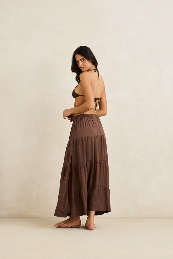 RHYTHM WOMENS CLASSIC TIERED MAXI SKIRT - CHOCOLATE