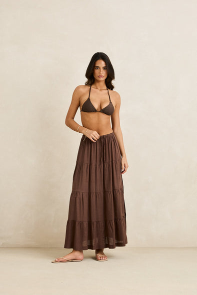 RHYTHM WOMENS CLASSIC TIERED MAXI SKIRT - CHOCOLATE