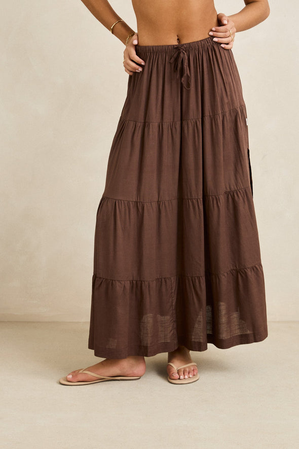 RHYTHM WOMENS CLASSIC TIERED MAXI SKIRT - CHOCOLATE