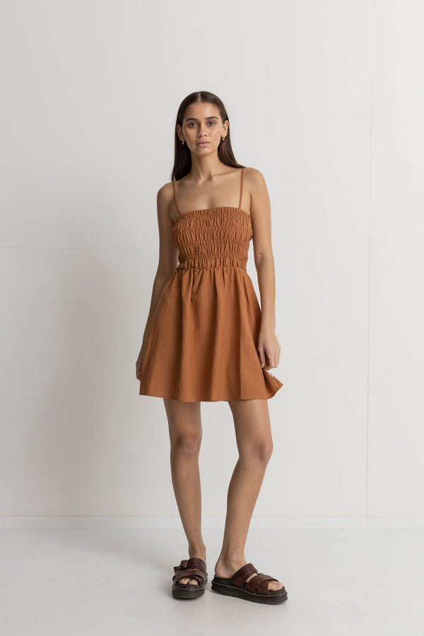 RHYTHM CLASSIC SHIRRED MINI DRESS - CARAMEL Whangamata Surf Shop RHYTHM CLASSIC SHIRRED MINI DRESS - CARAMEL Whangamata Surf Shop