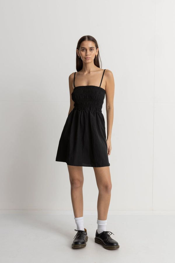 RHYTHM CLASSIC SHIRRED MINI DRESS - BLACK Whangamata Surf Shop RHYTHM CLASSIC SHIRRED MINI DRESS - BLACK Whangamata Surf Shop