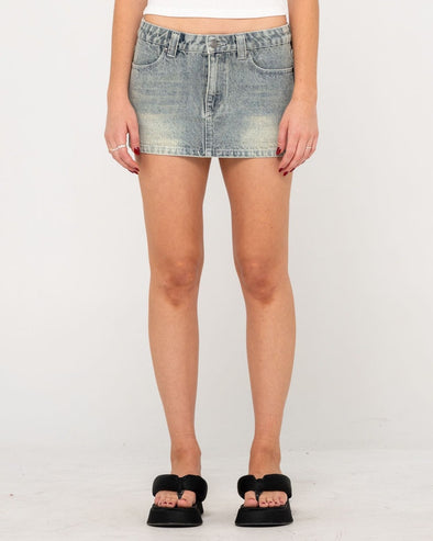 RUSTY NORTY LOW RISE DENIM MICRO MINI SKIRT - DWG