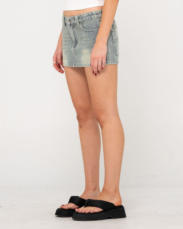 RUSTY NORTY LOW RISE DENIM MICRO MINI SKIRT - DWG