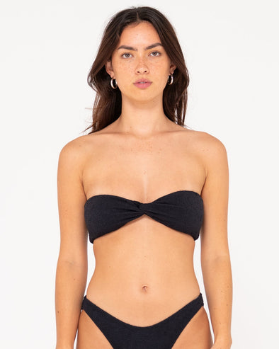 RUSTY SANDALWOOD TWIST BANDEAU BIKINI TOP W/ MIDI SIDE TIES BIKINI PANT - BLACK