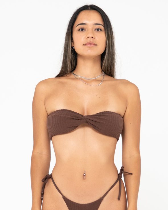 RUSTY LUCKY TWIST BANDEAU BIKINI TOP W/ LUCKY MIDI BIKINI PANT - JAVA