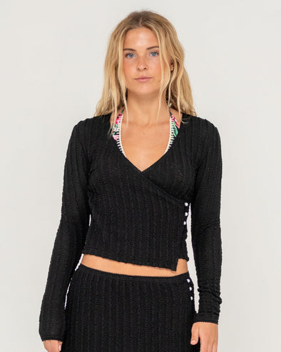 RUSTY I KISSED A PEARL LACE WRAP L/S TOP - BLK