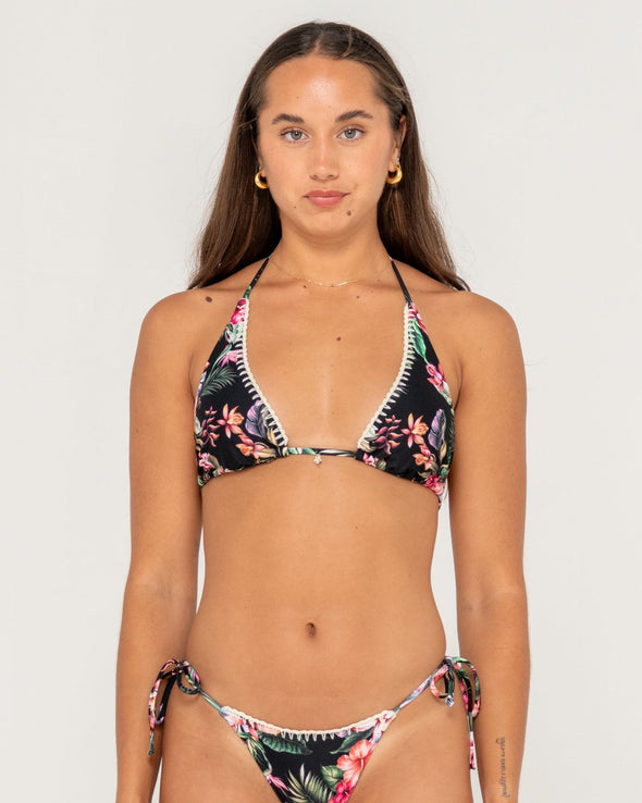 RUSTY HEIDI FLORAL HALTER BIKINI TOP W/ MIDI TIES BIKINI BOTTOM - BLK