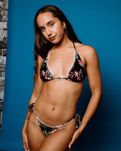 RUSTY HEIDI FLORAL HALTER BIKINI TOP W/ MIDI TIES BIKINI BOTTOM - BLK