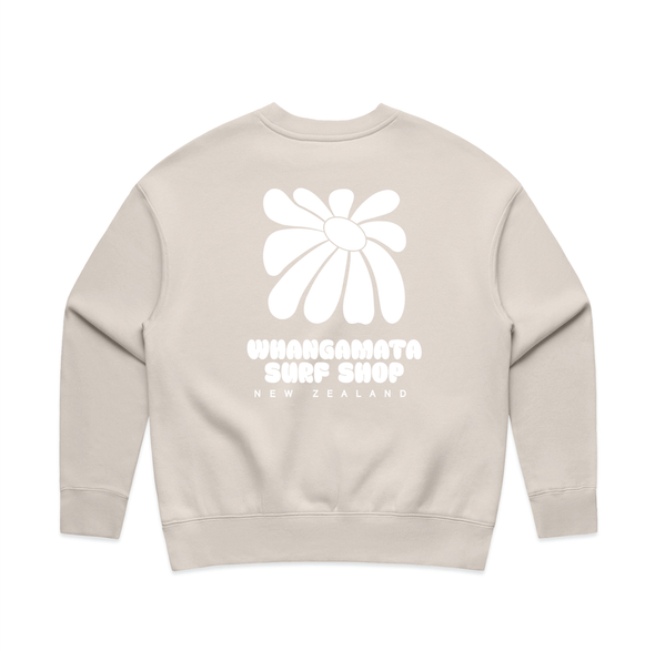 WHANGAMATA SURF SHOP FLOWER RELAXED CREW - BONE