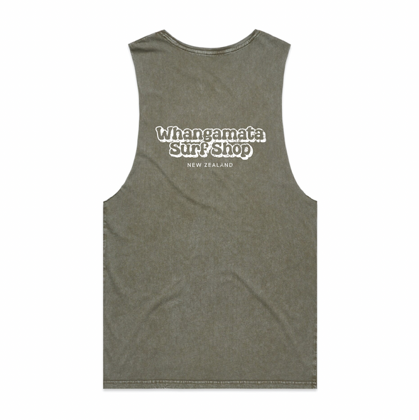 WHANGAMATA SURF MENS BUBBLE LOGO MUSCLE SINGLET - MOSS/STONE