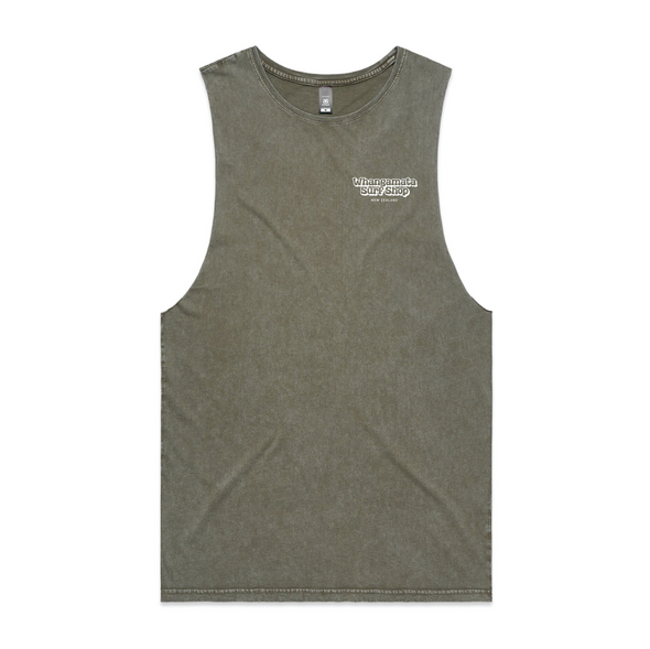 WHANGAMATA SURF MENS BUBBLE LOGO MUSCLE SINGLET - MOSS/STONE