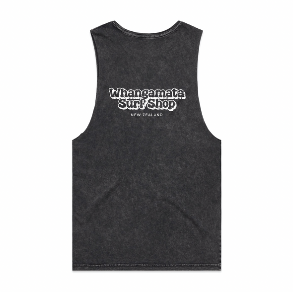 WHANGAMATA SURF MENS BUBBLE LOGO MUSCLE SINGLET - BLACK STONE