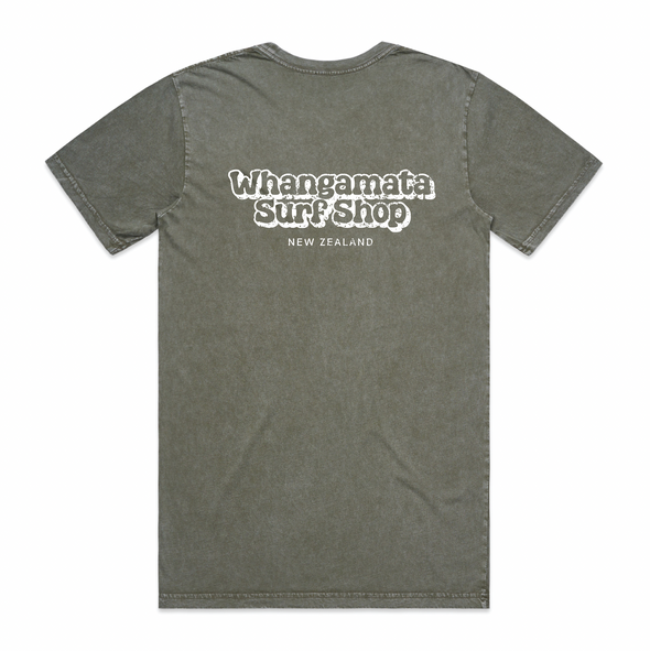 WHANGAMATA SURF SHOP BUBBLE LOGO TEE - MOSS STONE