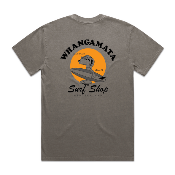 WHANGAMATA SURF SHOP HEAVY SURF DOG TEE - FADED GREY