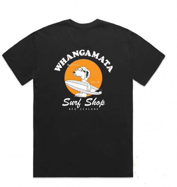 WHANGAMATA SURF SHOP HEAVY SURF DOG TEE - FADED BLACK