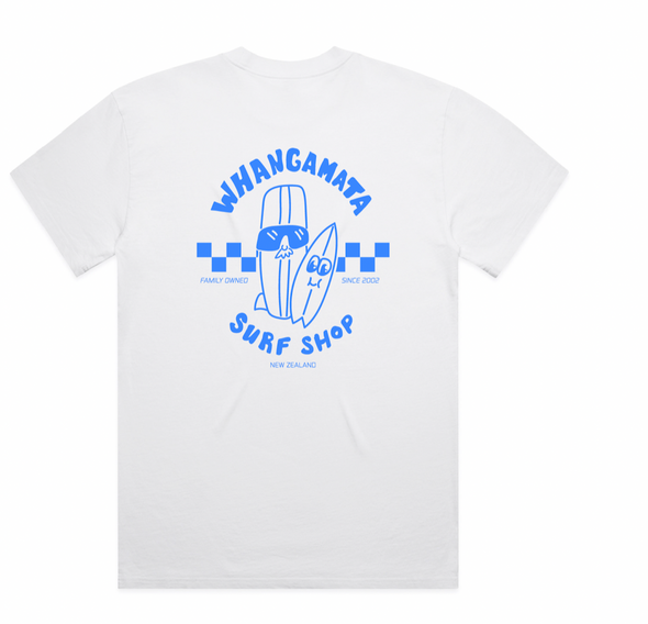 WHANGAMATA SURF SHOP SURF DUDES TEE -  FADED WHITE