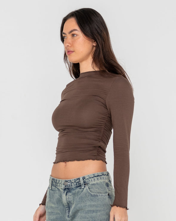 RUSTY PLAIN JANE RUCHED LONG SLEEVE TOP - JAVA