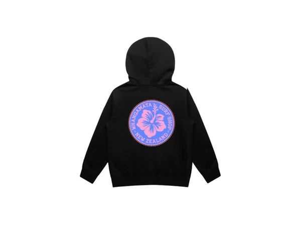 WHANGAMATA SURF SHOP GIRLS HIBISCUS PATCH PUFF PRINT HOOD - BLACK