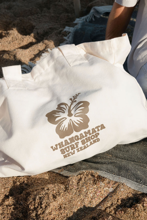 WHANGAMATA SURF SHOP HIBISCUS TOTE BAG - NATURAL