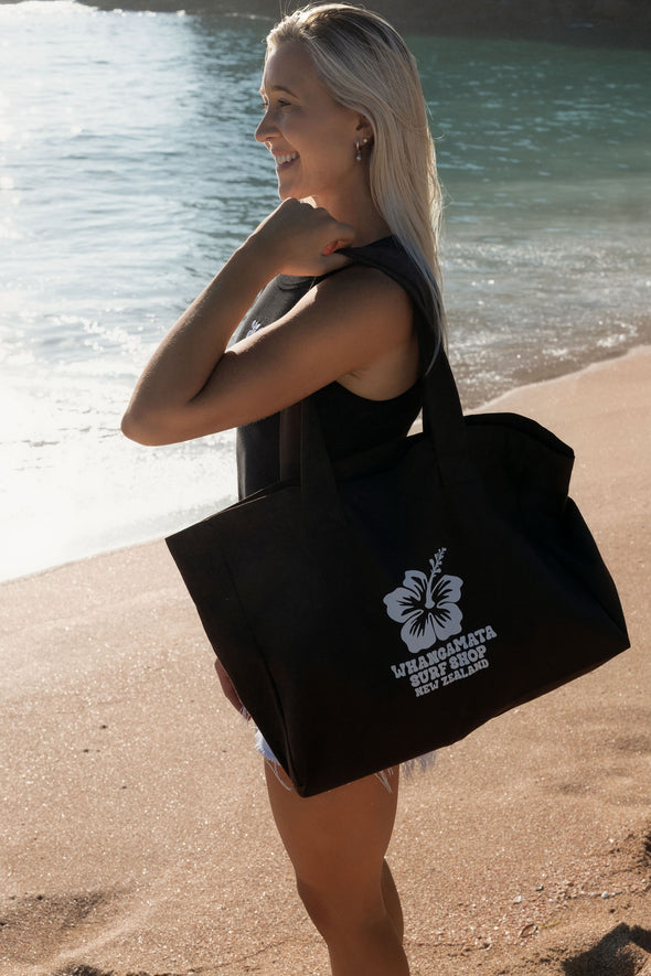 WHANGAMATA SURF SHOP HIBISCUS TOTE BAG - COFFEE