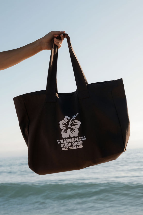 WHANGAMATA SURF SHOP HIBISCUS TOTE BAG - COFFEE