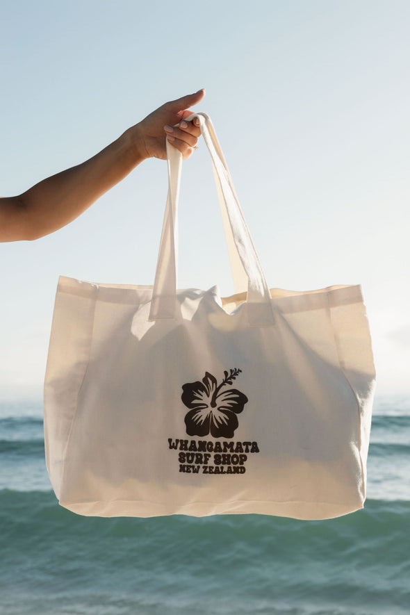 WHANGAMATA SURF SHOP HIBISCUS TOTE BAG - NATURAL