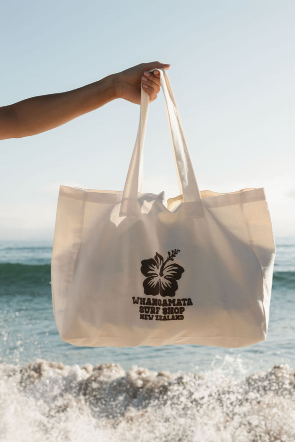 WHANGAMATA SURF SHOP HIBISCUS TOTE BAG - NATURAL