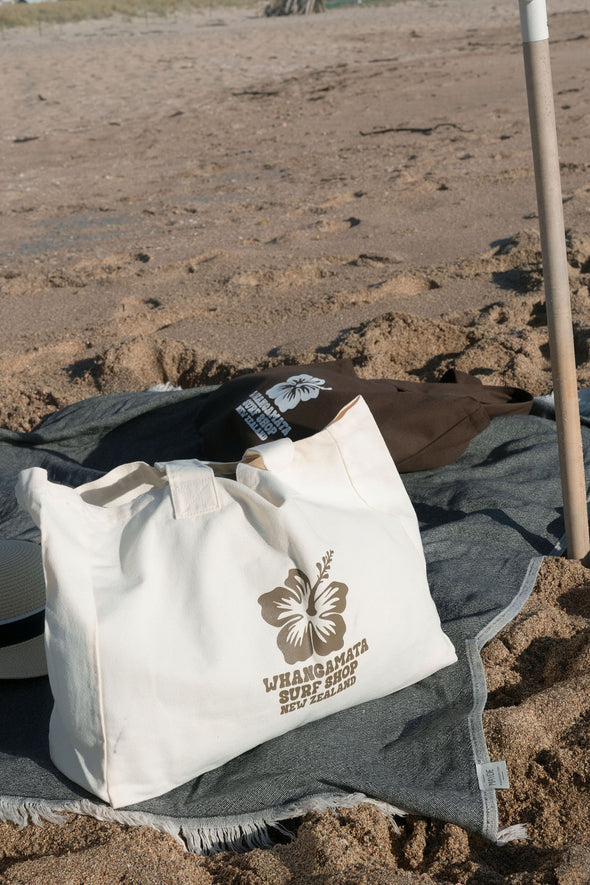 WHANGAMATA SURF SHOP HIBISCUS TOTE BAG - NATURAL