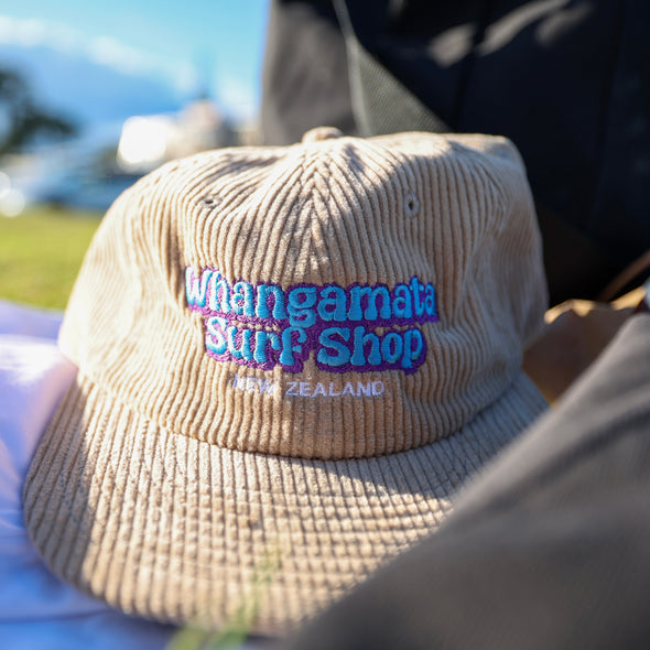 WHANGAMATA SURF SHOP BUBBLE LOGO CORD CAP - KHAKI