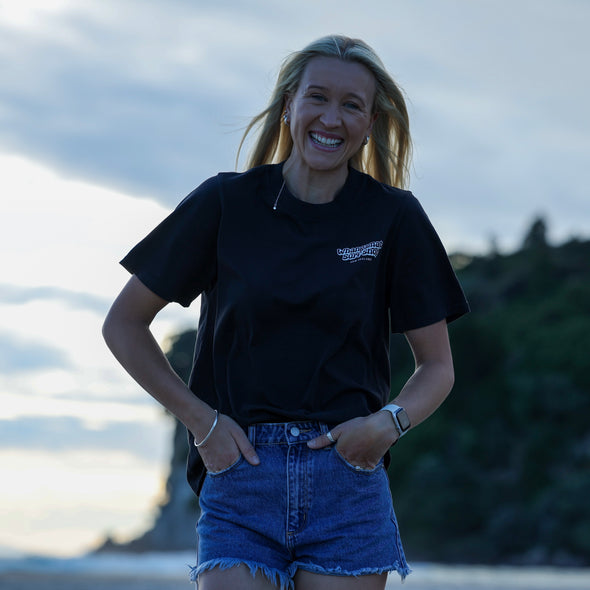 WHANGAMATA SURF WOMENS BOXY TEE - FADED BLACK