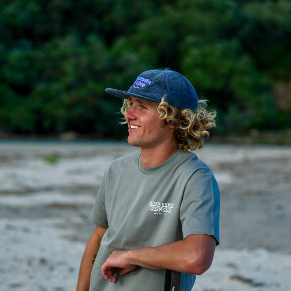 WHANGAMATA SURF SHOP BUBBLE LOGO CORD CAP - PETROL BLUE