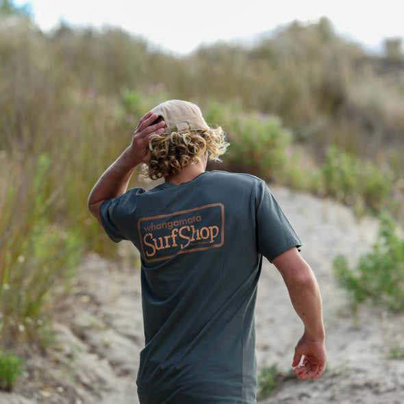 WHANGAMATA SURF SHOP BOX LOGO TEE - CHARCOAL