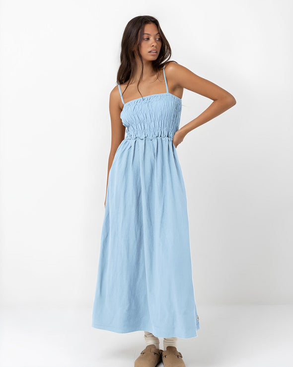 RHYTHM CLASSIC SHIRRED MIDI DRESS - BLUE