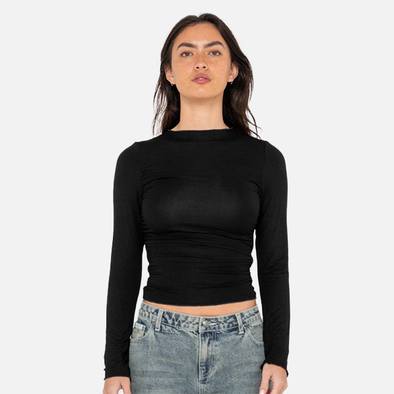 RUSTY PLAIN JANE RUCHED LONG SLEEVE TOP - BLACK