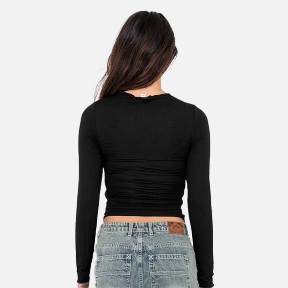 RUSTY PLAIN JANE RUCHED LONG SLEEVE TOP - BLACK