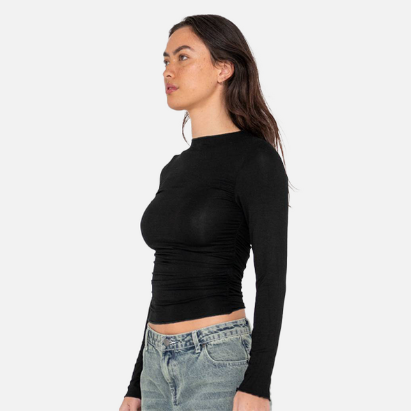 RUSTY PLAIN JANE RUCHED LONG SLEEVE TOP - BLACK