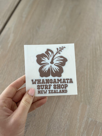 WHANGAMATA SURF SHOP HIBISCUS FLOWER STICKER - COFFEE