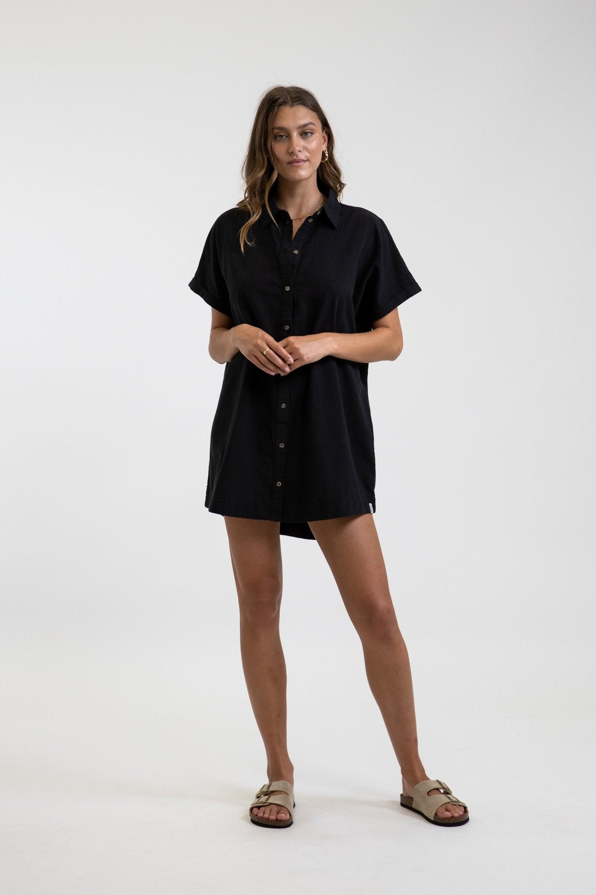 rhythm classic shirt dress LINEN Rhythm clothing Color:Prussian Blue attribute:trend:Picnic Navy and White Polka-Dot This dress has a