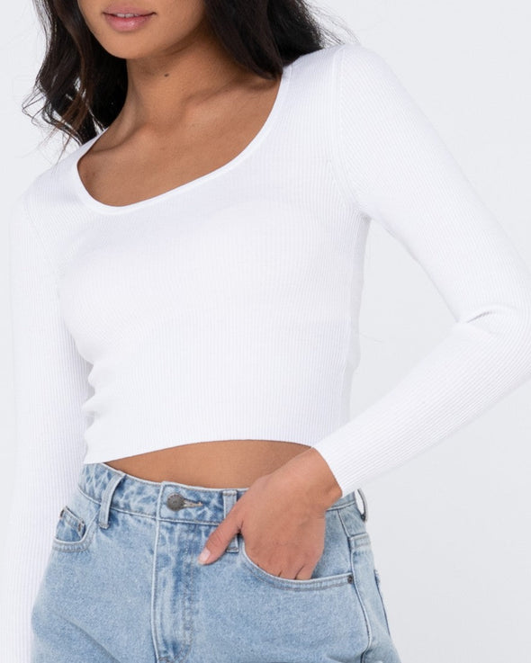RUSTY CHARIS LOW NECKLINE LONG SLEEVE KNIT TOP - WHITE